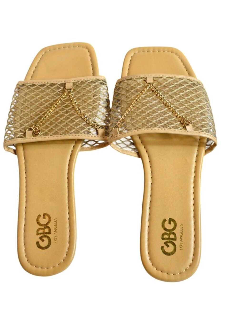 GBG Los Angeles Womens 10M Slide Sandals Tan Gold Chain "G" Charm Preppy Chic